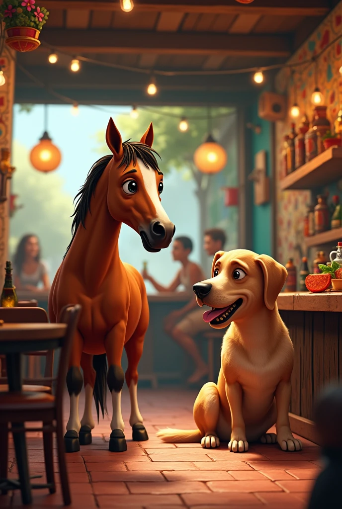 a horse and a dog in a bar in northeastern Brazil