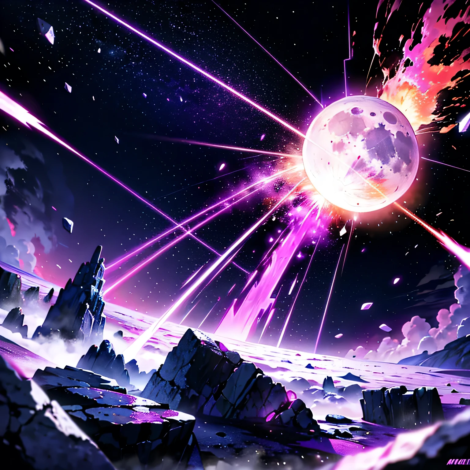 Moon explode image, many effects, detailed effects, perfect image, masterpiece, neon pink purple explosion, moon fragments, stones around, purple fire, moon falling apart, space background, anime style, 4K
