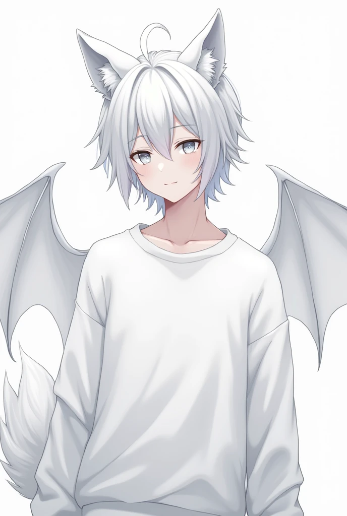 Create one with white sweatshirt white eyes white wolf tail white bat wings short hair with bangs white wolf ears anime version only for boys