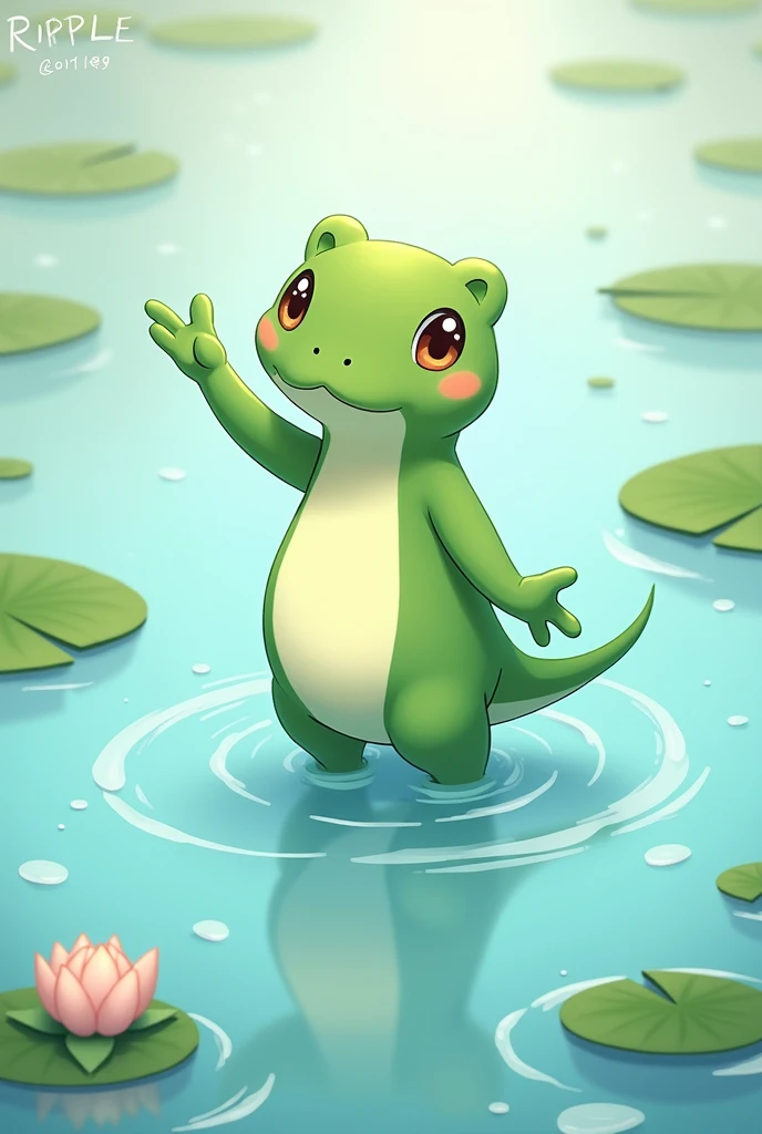 Design a 2D stylized illustration of 'Ripple,' a frog-like creature of the water element. Ripple should be depicted in a supportive pose, mid-jump with water droplets and small waves surrounding it. The background should feature a tranquil pond with lily pads, gentle ripples, and reflections of the sky, creating a serene environment that enhances Ripple's supportive nature. The scene should feel light and harmonious, reflecting the fluidity of the water element.