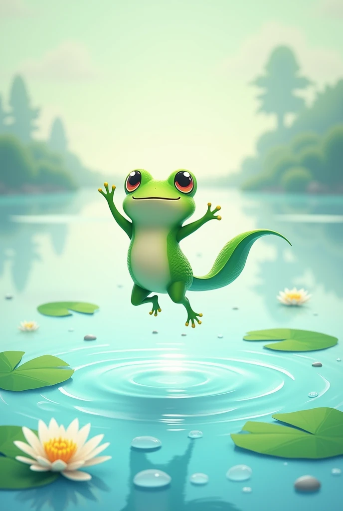 Design a 2D stylized illustration of 'Ripple,' a frog-like creature of the water element. Ripple should be depicted in a supportive pose, mid-jump with water droplets and small waves surrounding it. The background should feature a tranquil pond with lily pads, gentle ripples, and reflections of the sky, creating a serene environment that enhances Ripple's supportive nature. The scene should feel light and harmonious, reflecting the fluidity of the water element.