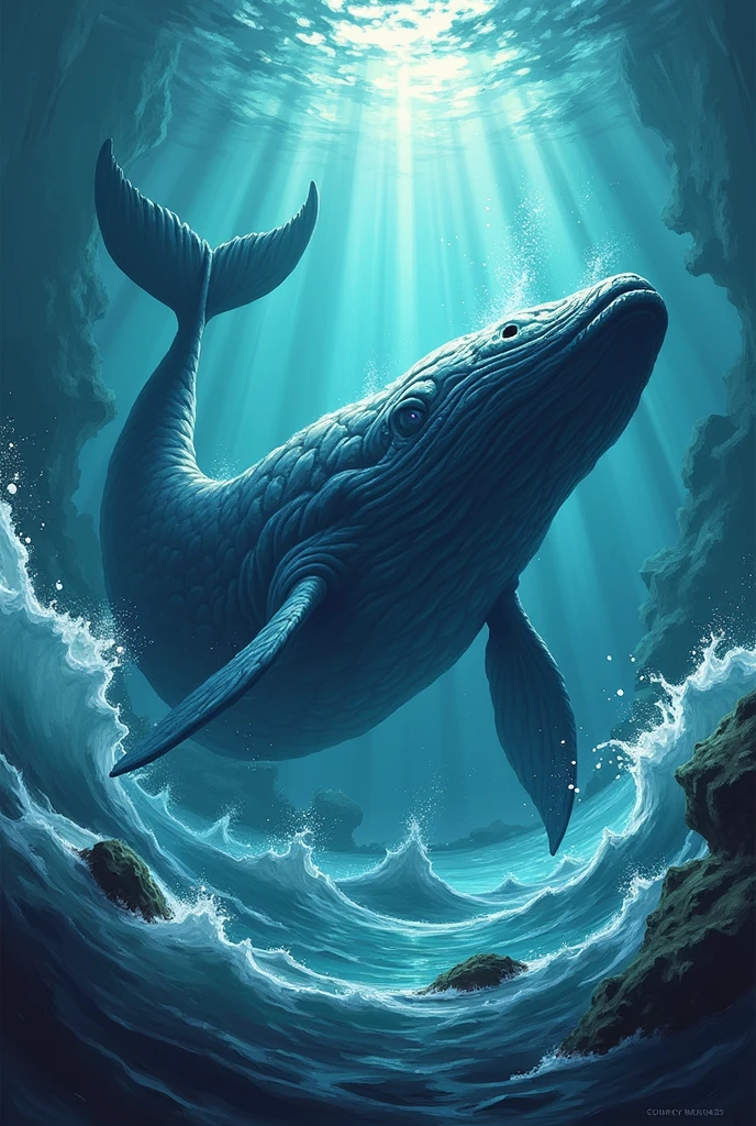 Design a 2D stylized illustration of 'Whirlpool,' a whale-like creature of the water element. Whirlpool should be in a defensive stance, with water currents swirling around it. The background should feature a deep ocean scene with swirling tides, bubbles, and distant light rays, creating a powerful and immersive environment that emphasizes the whale’s strength and the vastness of the water element.