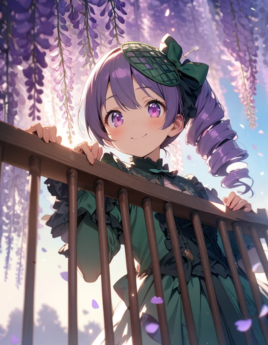 1 girl,solo,16yo,(Rotating on bars),amazing quality, aesthetic, aesthetic,ultra-detailed face,detailed eyes,round eyes, tareme,pink eyes,BREAK,Green fascinator,Purple wisteria decoration Green Lolita fashion,BREAK,Purple Hair,drill hair,depth of field,wisteria tree ,blue sky,(petals:1.3),masterpiece,8K,top quality, highly detailed illustration,smile,rim light
