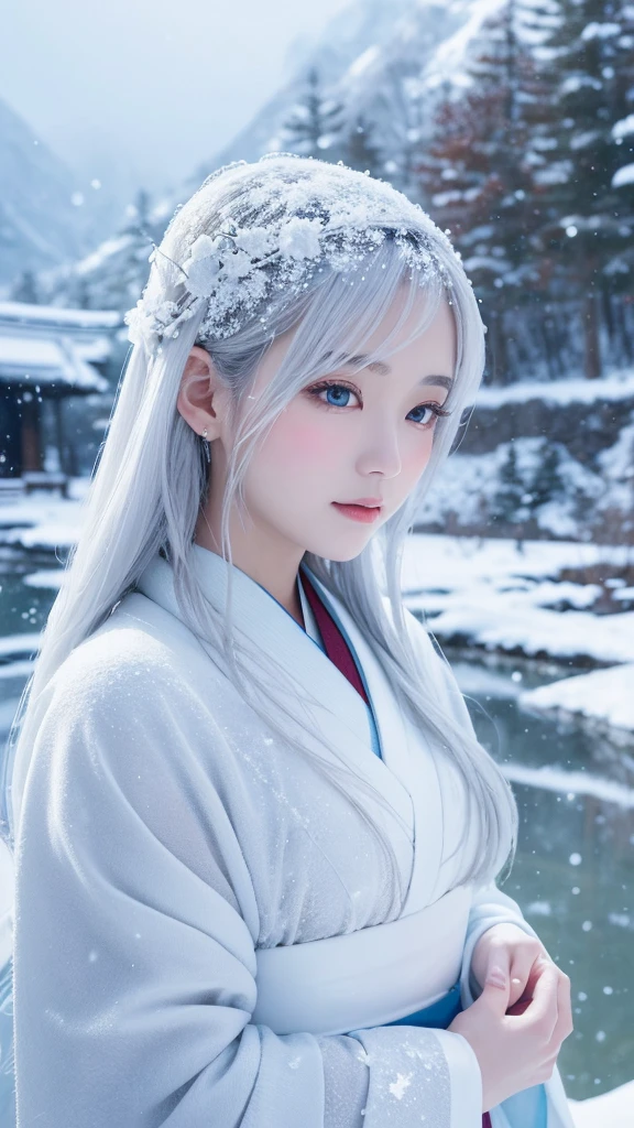 幻想的で魅力的なSnow Womanのイラスト, Characters in Japanese folk tales, With a snowstorm and swirling snowy mountains in the background. She has been a long time, Her silver-and-white hair sparkles in the icy environment.., Make up for her paleness, Almost white and transparent skin. Her eyes are deep and captivating, Reflecting the cold beauty of her surroundings. She is wearing a traditional Japanese kimono., White with subtle blue patterns.。, Blending into the snowy scenery. Snow Woman&#39;The pose is elegant and mysterious.., Embodying the thrilling charm of the snow spirit. The overall atmosphere of the illustration is mysterious and beautiful.., In a snowstorm、Capturing the essence of a legendary figure,