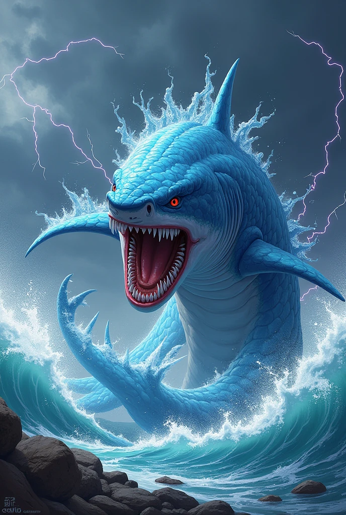 Design a 2D stylized illustration of 'Tsunami,' a shark-like creature with water elemental powers. Tsunami should be in an aggressive, attacking pose, with powerful water currents spiraling around it. The background should feature a turbulent sea with crashing waves, storm clouds, and flashes of lightning, creating a dramatic and energetic scene that captures the raw power of the water element.