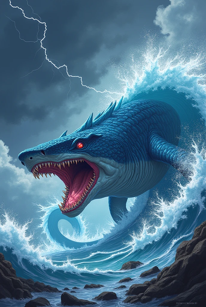 Design a 2D stylized illustration of 'Tsunami,' a shark-like creature with water elemental powers. Tsunami should be in an aggressive, attacking pose, with powerful water currents spiraling around it. The background should feature a turbulent sea with crashing waves, storm clouds, and flashes of lightning, creating a dramatic and energetic scene that captures the raw power of the water element.