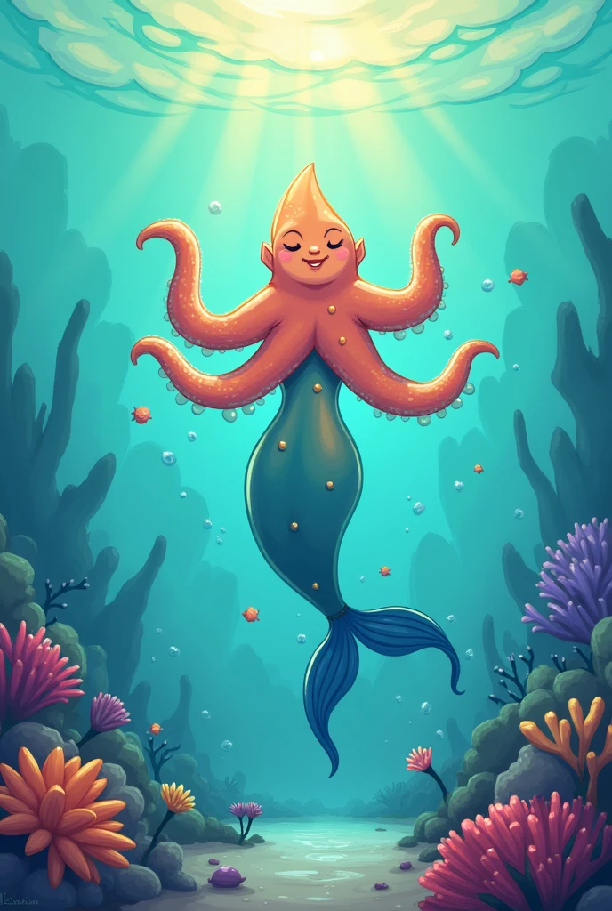 Design a 2D stylized illustration of 'Aqua,' a starfish-like creature of the water element. Aqua should be depicted in a supportive pose, with gentle water bubbles and soft waves around it. The background should feature a calm seabed with colorful coral, small fish, and a soft glow from the surface, creating a peaceful and nurturing environment that reflects the supportive nature of the water element.