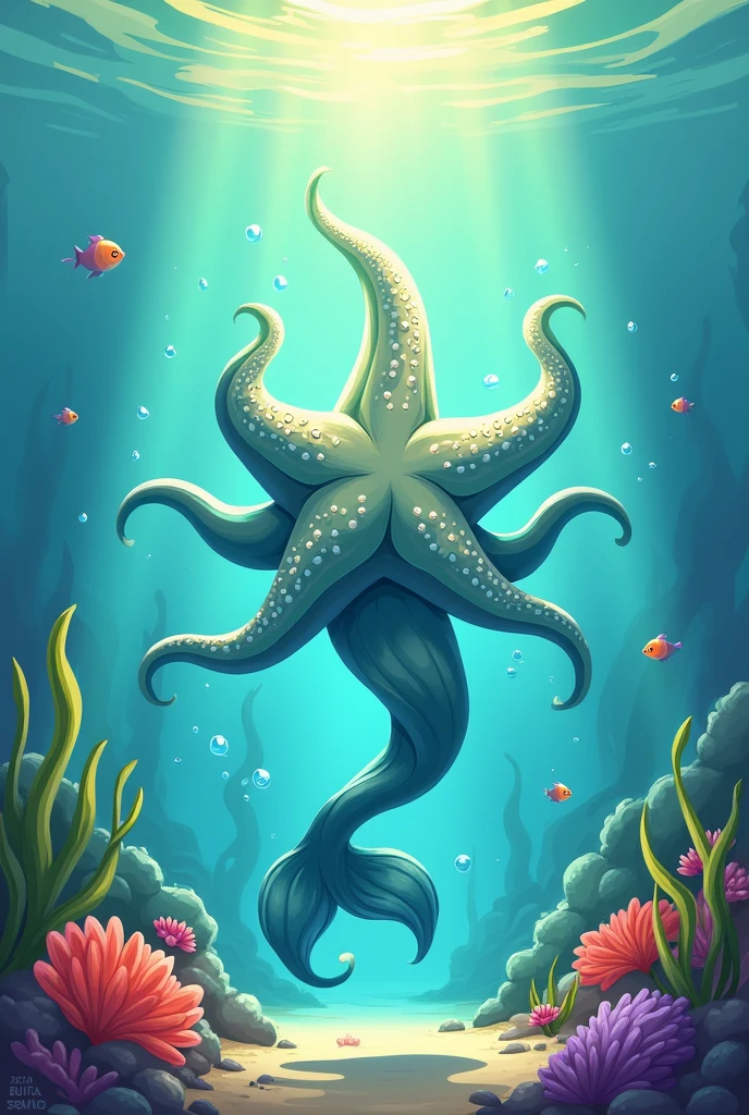 Design a 2D stylized illustration of 'Aqua,' a starfish-like creature of the water element. Aqua should be depicted in a supportive pose, with gentle water bubbles and soft waves around it. The background should feature a calm seabed with colorful coral, small fish, and a soft glow from the surface, creating a peaceful and nurturing environment that reflects the supportive nature of the water element.