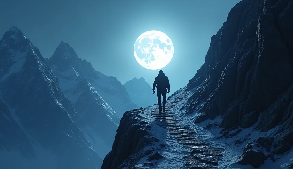 A dramatic scene of a person climbing a steep mountain trail under the full moon, symbolizing a challenging but rewarding journey. The moonlight should illuminate the path, highlighting the effort and determination needed to reach the summit. The atmosphere should convey perseverance and ambition. -ar 16:9