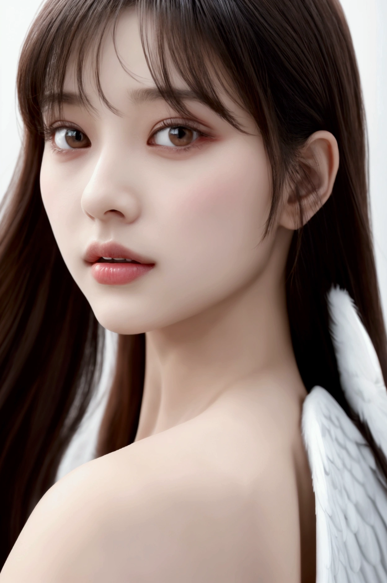 8K, high resolution, Best quality, masterpiece:1.2), RAW photogragh of Korean girl, cute, neat and beautiful girl,, Large breasts, Detailed face, (Natural skin texture, Detailed skin, Hyper-realism, ultra-sharpness), back light, (Photorealsitic:1.4), white medium hair mixed with black, a small face, highlights in the eyes, Light white eyes, Gloss on lips, Distinct double eyelids, face perfect, bangs. Lute from Hazbin Hotel. Wearing White and black angel wings on back of shoulders. Wearing a halo on top of hair connected to the angel wings by small wire.