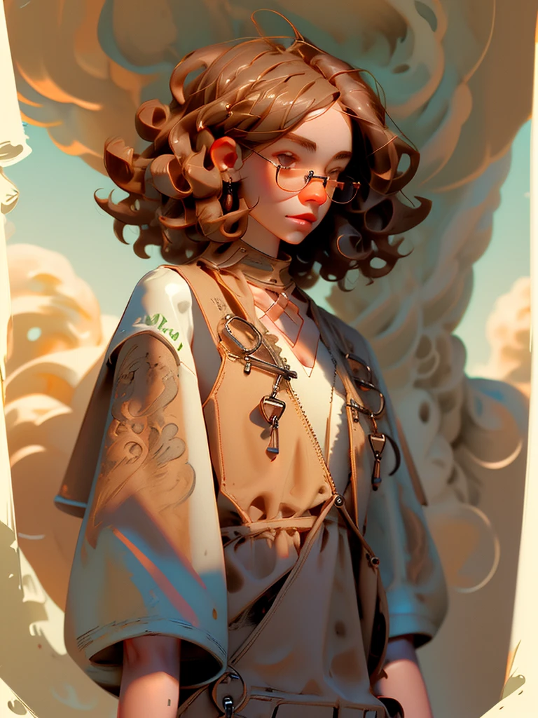 detailed art masterpiece, 2d style, girl with roudend glasses and curly brown hair with a white bouffont cleavage dress center image and with a man with brown short hair with a overalls in a wheat farm