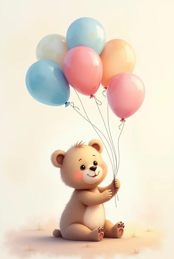 You can generate an image of a baby bear sitting holding 6 pink and blue balloons in soft watercolor tones?