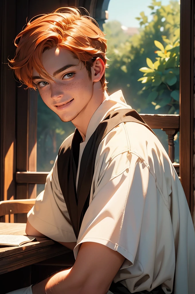 a young man with medium-length orange hair, wearing a school costume, holding a wand, looking like a wizard, freckled, with hazel eyes and a cheerful expression, smiling, in a medieval-style classroom, in a magic school, MAGIC, magic circle, natural light, detailed face, beautiful eyes, delicate features, soft colors, serene atmosphere, high quality, detailed, photorealistic, photo-realistic:1. 37, 4k, ultra-detailed, extremely detailed, hyperrealistic, highly detailed, masterpiece:1.2, vibrant colors, natural lighting, cinematic, dramatic, fantastic, magical, surreal.