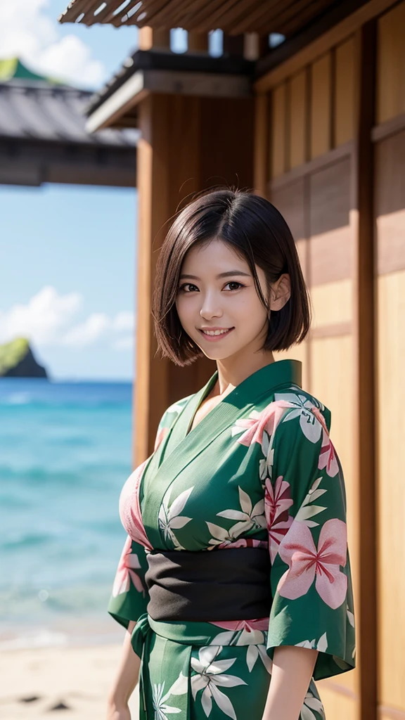 (masterpiece:1.2), realistic, 1girl,(moles on the face and chest:1.1)、Climax expression)、Standing posture,Full body view、(shoot from front:1.4),(Big Breasts:1.4)( (Highest quality:1.2),((Anime Girls)), smile, Wink, , Androgynous charm, model posing, (Very short hair), ((Black Hair)), Messy Hair, Green Eyes, High resolution detailed hair, (flower designed yukata:1.3), (at Hawaii:1.4),Gweiz-style artwork, Makoto Shinkai&#39;s art style, lofi portrait, digital anime art, Makoto Shinkai style, LOFI Girl, Anime-style illustrations, lofi art style, Anime illustration