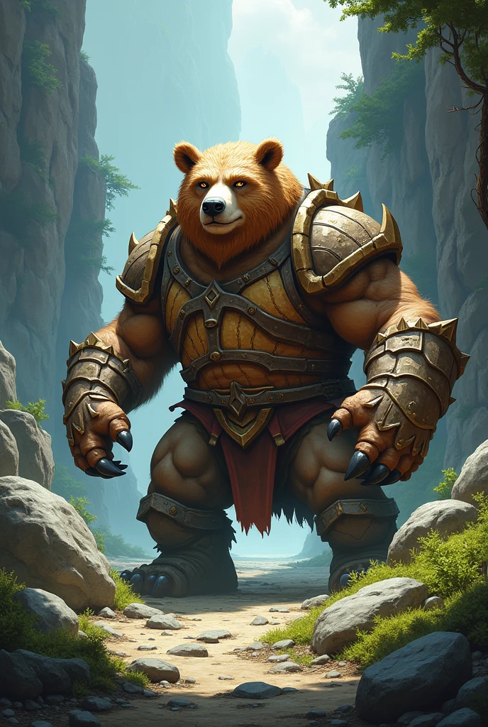 Design a 2D stylized illustration of 'Stone,' a bear-like creature embodying the earth element. Stone should be in a defensive, grounded pose, with rocks and earth fragments surrounding it. The background should feature a rugged mountain landscape with towering cliffs, moss-covered boulders, and a dense forest, creating a solid and formidable environment that aligns with Stone’s defensive nature and the strength of the earth element.