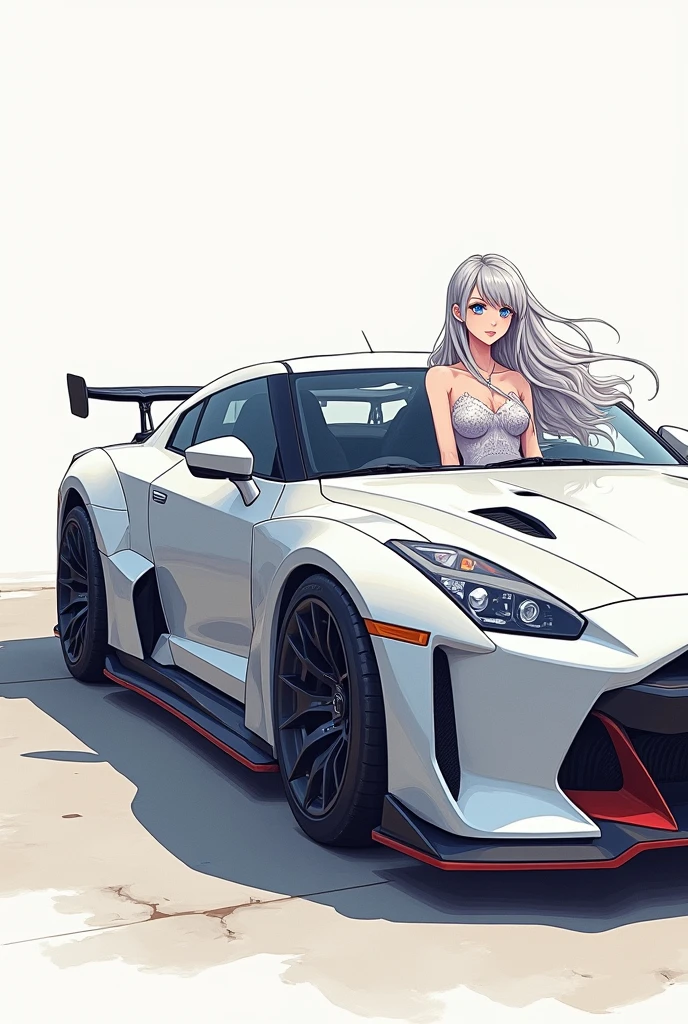 Elizabeth from the 7 deadly sins with great features inside a gtr 35 from the side do it like a drawing