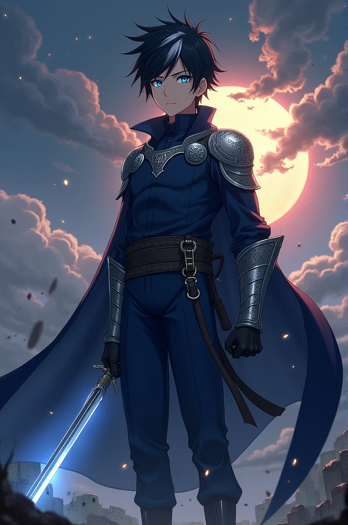 Design an anime character who is a young, determined warrior with a mysterious past. He has short, spiky black hair with a single streak of white, symbolizing a hidden power within. His eyes are a striking deep blue, reflecting both his inner turmoil and unyielding resolve. He wears a fitted, dark blue battle suit adorned with silver armor plates on the shoulders and forearms, which are engraved with ancient symbols. A long, flowing cape billows behind him, with the inside lined in a fiery red, contrasting with the cool tones of his outfit. He carries a sleek, double-edged sword with a hilt that glows faintly with an otherworldly light. His expression is serious, yet there's a hint of vulnerability in his gaze, hinting at the burdens he carries. The background is a war-torn landscape, with the sky split between a dark storm and a bright, hopeful dawn, symbolizing the internal and external battles he faces."