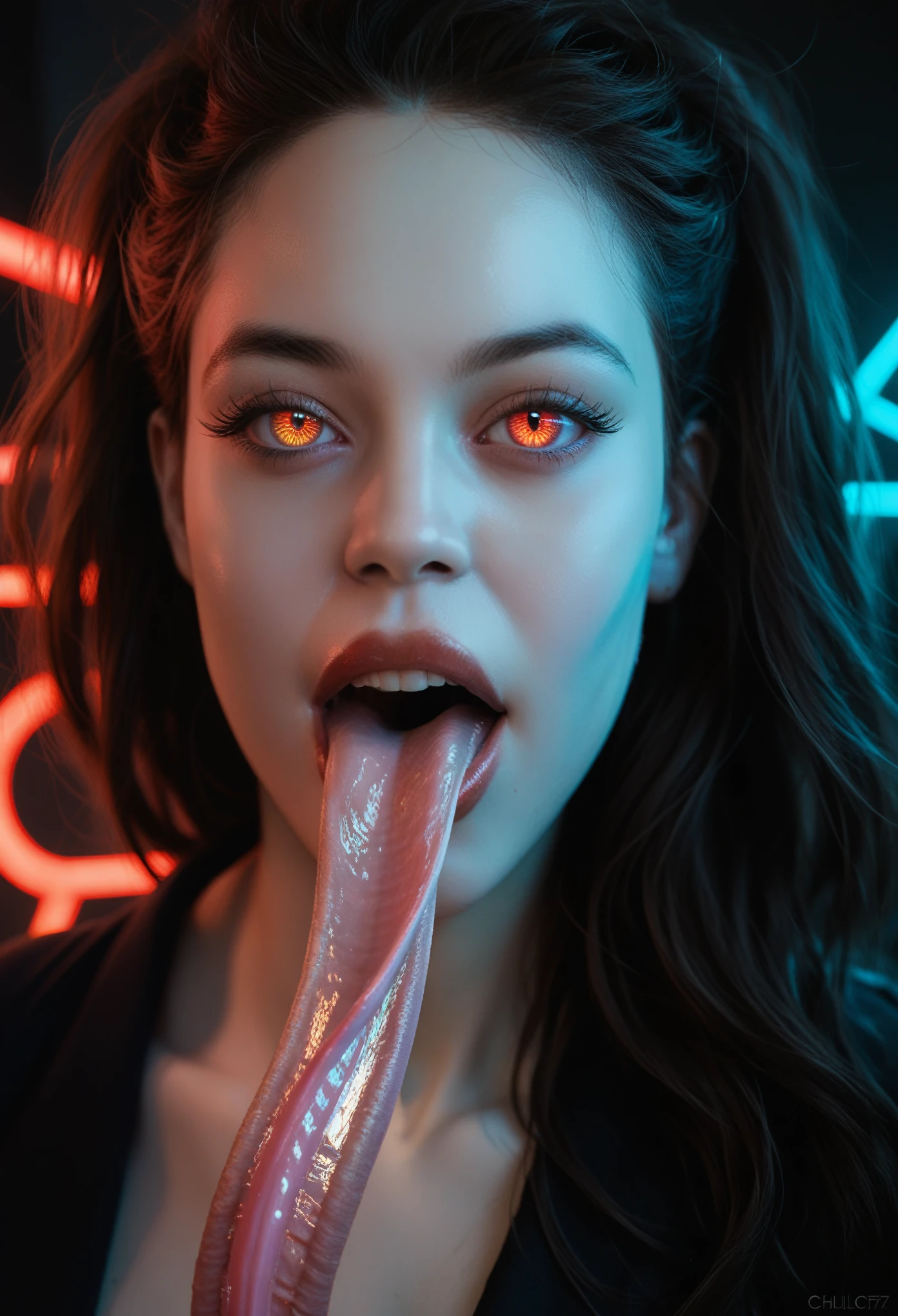 1 beautiful female alien, A scene from a science horror fiction movie, beautiful detailed eyes, (A third eye on the forehead:1.5), beautiful detailed red lips, extremely detailed face and eyes, long eyelashes, long tongue like a snake, intricate insect-like features, glowing compound eyes, scythe-like forelimbs, alien carapace, vibrant colors, futuristic sci-fi environment, neon lights, glowing energy field, complex technological architecture, dramatic lighting, cinematic atmosphere, award winning digital art, hyper realistic, 8k, high quality, masterpiece, Bioluminescence, Translucent skin, thespiritde, white skin, veins protruding from the skin on her face