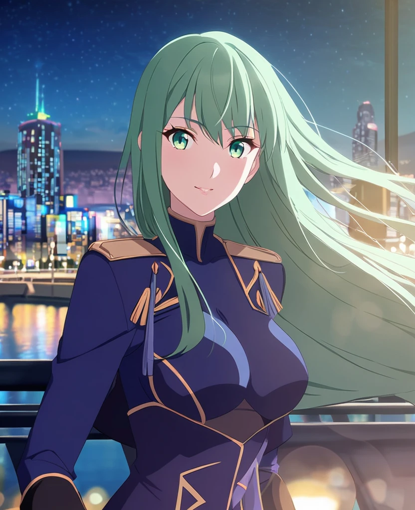 Make me an anime woman with Long hair and green eyes. City lights at night, blue, majestic