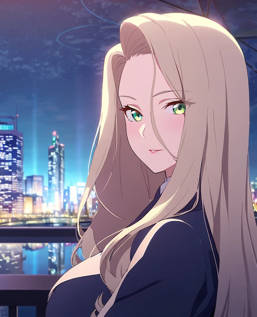 Make me an anime woman with Long hair and green eyes. City lights at night, blue, majestic