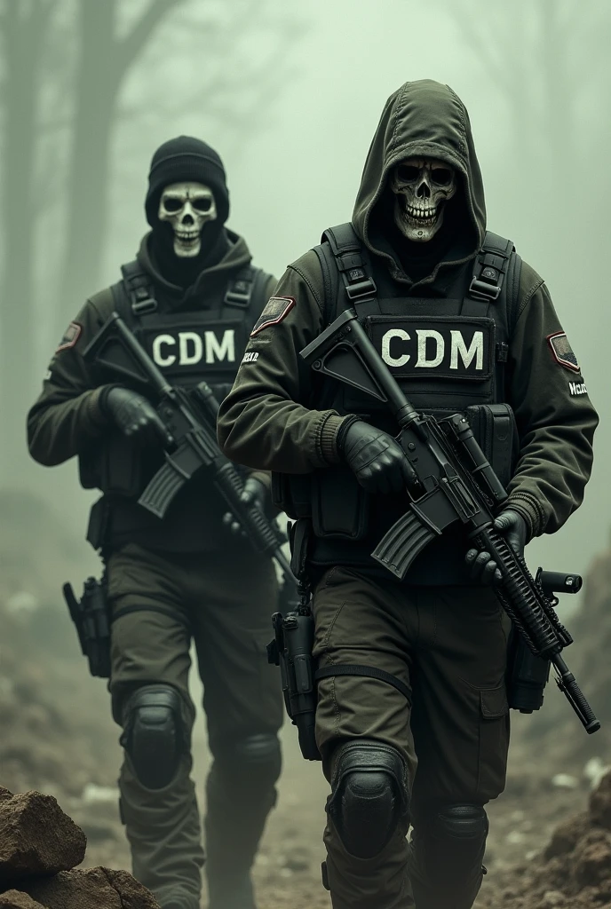 a cover of a series of 2 soldiers with vests written CDM and the title of the series is Death Commands with a post-apocalyptic scenario with a skull balaclava on both faces and the uniforms have the main colors of black/Unripe