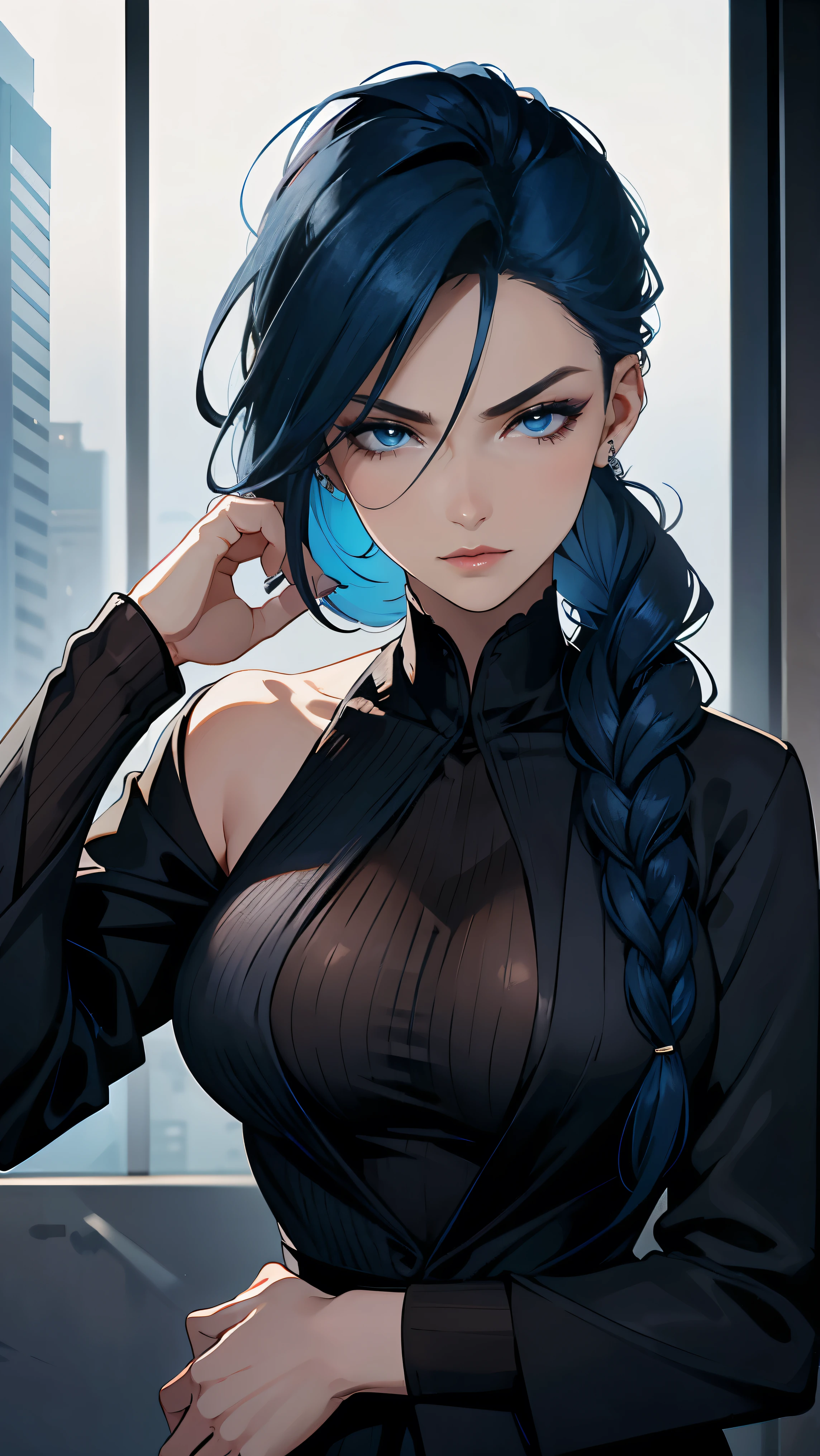blue hair styled in a thick, long braid, glossy and striking; elongated, oblong face with high, defined cheekbones and a softly rounded chin; intense, captivating dark eyes framed by well-groomed eyebrows; full, plush, perfectly-shaped dark red lips; fitted black jacket over a high-necked dark red tshirt, modest and stylish; sleek, tailored jacket with subtle details; intricate tattoos subtly visible on right arm; modern helix piercing; calm and serious expression