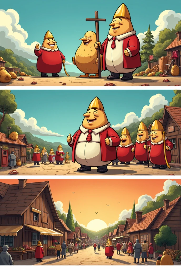 create a comic about potatoes, Mr. Pope is the president of a pope people, This president is going to another town, wants to get meat from the market, but he cannot do so because in his own town the way of trade is barter., while in this new town the method of payment is the coin, Then the Pope returns to his village and tells its inhabitants to change the way they trade and pay., these, They offer their goods in exchange for money and the exchange market is created