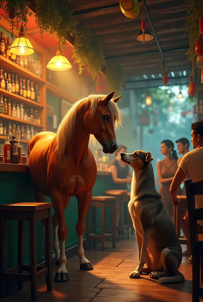 a horse and a dog in a bar in northeastern Brazil talking
