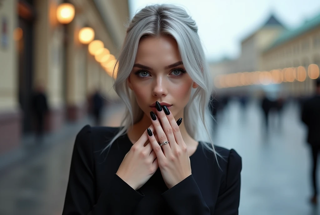 Beautiful girl with white skin, light gray hair, with bright shining eyes, Shiny skin, Beautiful черный маникюр, Beautiful nails, pearl skin, In a black dress, beautifully detailed fingers, professional photo, 4K, a high resolution, high detail, aesthetically pleasing, Beautiful, realistic, looks straight, beautiful long black nails, Against the backdrop of St. Petersburg