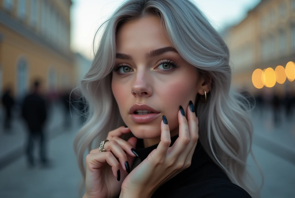 Beautiful girl with white skin, light gray hair, with bright shining eyes, Shiny skin, Beautiful черный маникюр, Beautiful nails, pearl skin, In a black dress, beautifully detailed fingers, professional photo, 4K, a high resolution, high detail, aesthetically pleasing, Beautiful, realistic, looks straight, beautiful long black nails, Against the backdrop of St. Petersburg