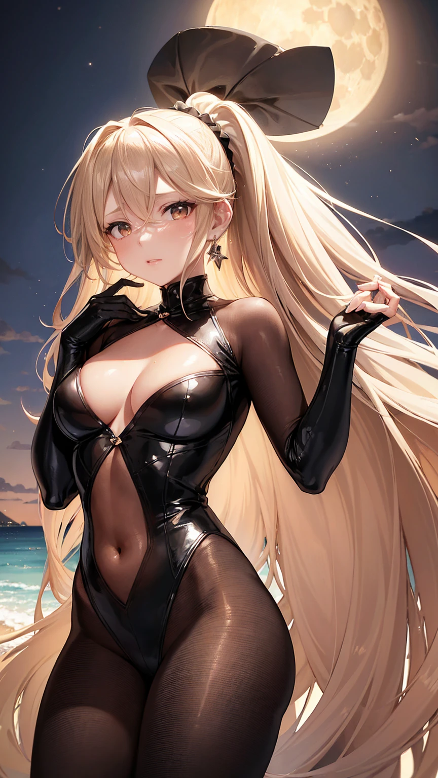 A beautiful and glamorous woman with long blonde hair tied into a ponytail with a scrunchie, brown eyes, small silver earrings, light brown blush on her cheeks, thin lips, black lace Full-body Bodysuit, high-definition, natural light, a shining moon reflecting off the sea surface.