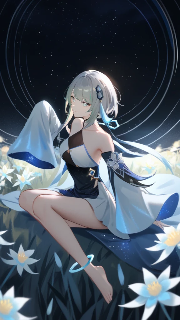 1girl, guizhong_\(genshin_impact\),light grey hair,short_hair_with_long_locks,starry_sky_print,detached_sleeves, long sleeves_past_fingers,hanfu,illustrated by matsuryuu and agahari and dsmile,pale blue eyes,stunning field of softly glowing blue and white glaze lilies,night scene,gentle smile,moonlight,glossy lips,vivid anime coloring,cel shading,smooth, soft dreamy focus,anklet,halter_top,white clothes,highly detailed,digital painting,field of flowers,bare_shoulders,wlop,barefoot,cool night tones, magical night scene,masterpiece, best quality, film, professional, 4k, highly detailed,Guardian nebula of rainbow light and silvery vapor,starry,cosmic,goddess