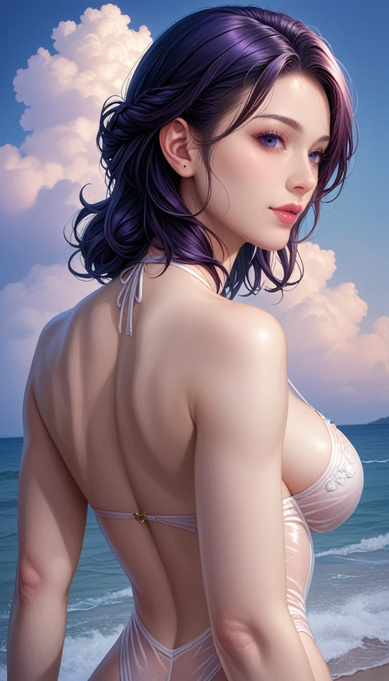 score_9, score_8_superior, score_7_superior, High resolution 3D anime style,A masterpiece in 32K resolution,Highest quality,it is really amazing,Very detailed,Ultra-high resolution,Ultra-realistic,Realistic,Increased depth of field,Cinematic lighting,
Elegant mature Japanese woman,
black straight medium hair,Ultra-detailed and beautiful face,Calm and gentle look,Translucent white skin,Realistic skin texture,Great proportions,
Elegant swimwear,
Summery design,Chic color scheme,Beautiful and delicate decoration,Detailed fabric texture,
Overcast night sky,Dark Clouds,Thundercloud,Coastline at night,Stormy seas,delay々A desolate sandy beach that continues,
Cinematic,Beautiful back view,