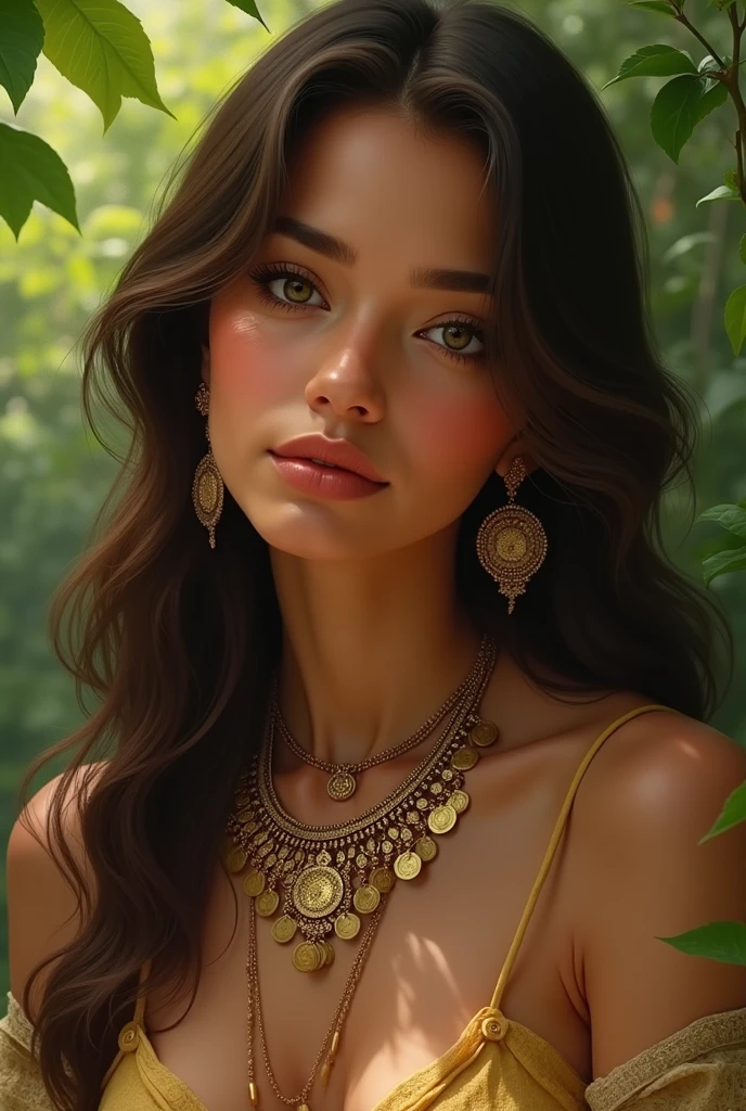 Create a beautiful cinnamon-skinned woman, almond-shaped olive-colored eyes, long hair slim build, on a nature background, apparently a park, wearing a large and beautiful ethnic necklace attached to the neck, with coins hanging around the necklace, and some beautiful earring hoops peeking out 