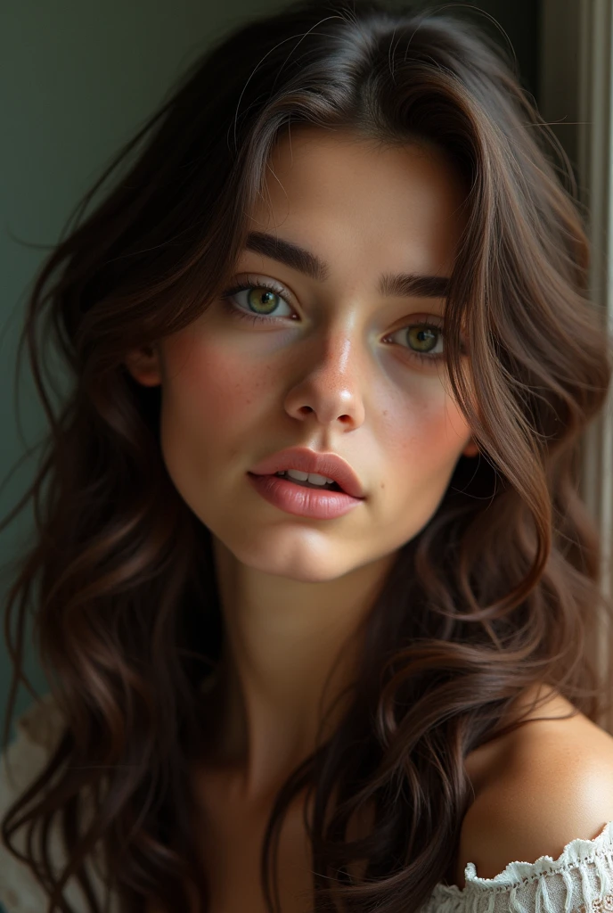 Boy, Olive brownish skin, Italian descendants, living in England as immigrant though, cute, beautiful, strikingly attractive,  green eyes and intense, soft pink lips naturally shaped, long, wavy brown hair cascaded with gentle curls,  slender build and delicate features gave him a somewhat feminine appearance, very cute nose, quiet, mysterious, shy