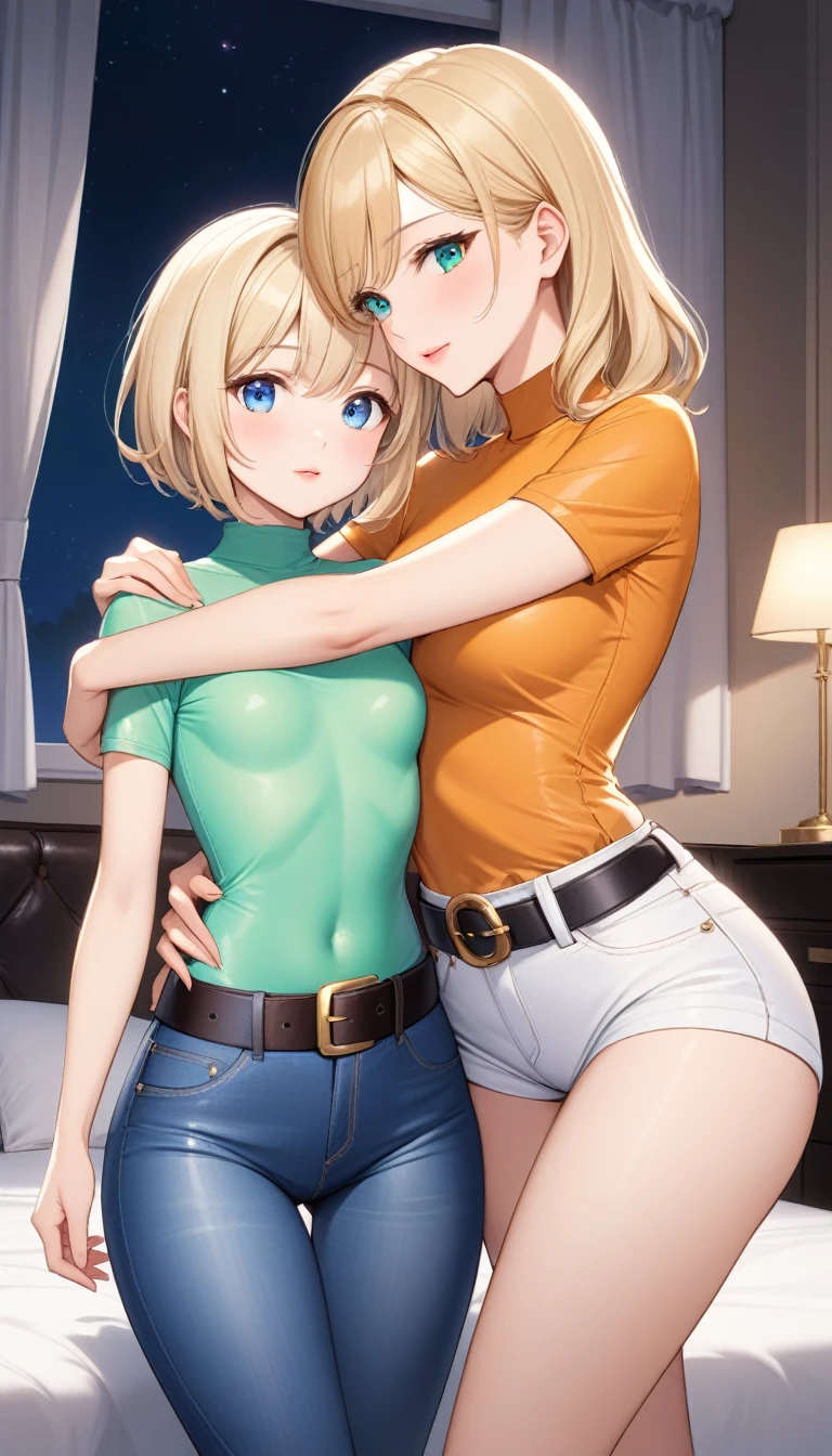 Two beautiful ladies ((lady 1: 35y old mom, with short straight blonde hair, lady 1 with blue eyes and caucasian skin, lady 1 wearing Tight Jeans and Leather Belt, lady 1 Sexy Criss Cross Mock Neck Short Sleeves Orange Blouse)), ((lady 2: 13y old daughter, with short straight blonde hair, lady 2 with blue eyes and caucasian skin, lady 2 wearing Tight Jean Shorts and Leather Belt, lady 2 Sexy Criss Cross Mock Neck Short Sleeves Green Blouse)), luxurious jewelry, 18k gold wedding ring on left hand, standing in their bedroom at night, hugging and kissing each other, (light brown lipstick), (elegant mascara), (slim body), (small breasts), (wide hips), endjourney, <lora:GoodHands-, <lora:GoodLegs-, UHD, high resolution, (expressive eyes, perfect face, full body, expressive face, perfect body, perfect pussy, athletic, fit, slim body, blushing, Perfect makeup, eyeliner, beautiful eyelashes, smiling, horny face), ((best illumination, best shadows)), ((sexy pose)), ((Front pov:1.1))