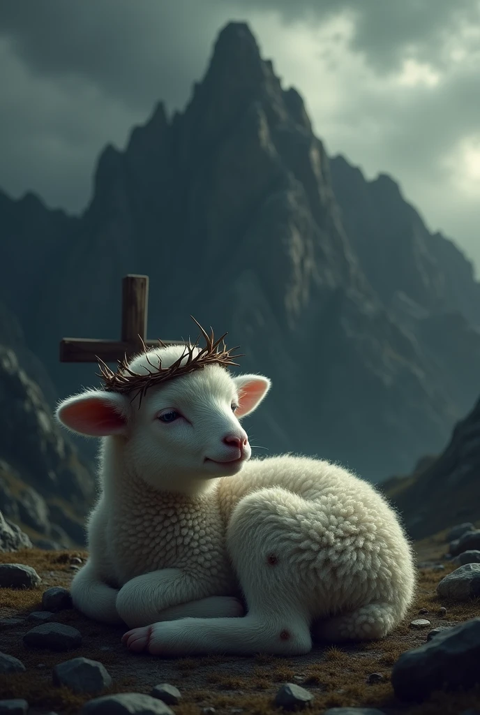 A curled up baby lamb with a crown of thorns a little hurt lying in front of the Cross with a dark background on a mountain 
