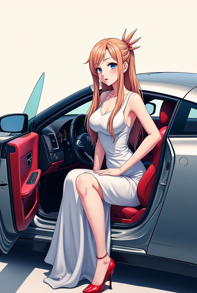 Elizabeth from the 7 deadly sins with great features inside a gtr 35 from the side do it like a drawing
