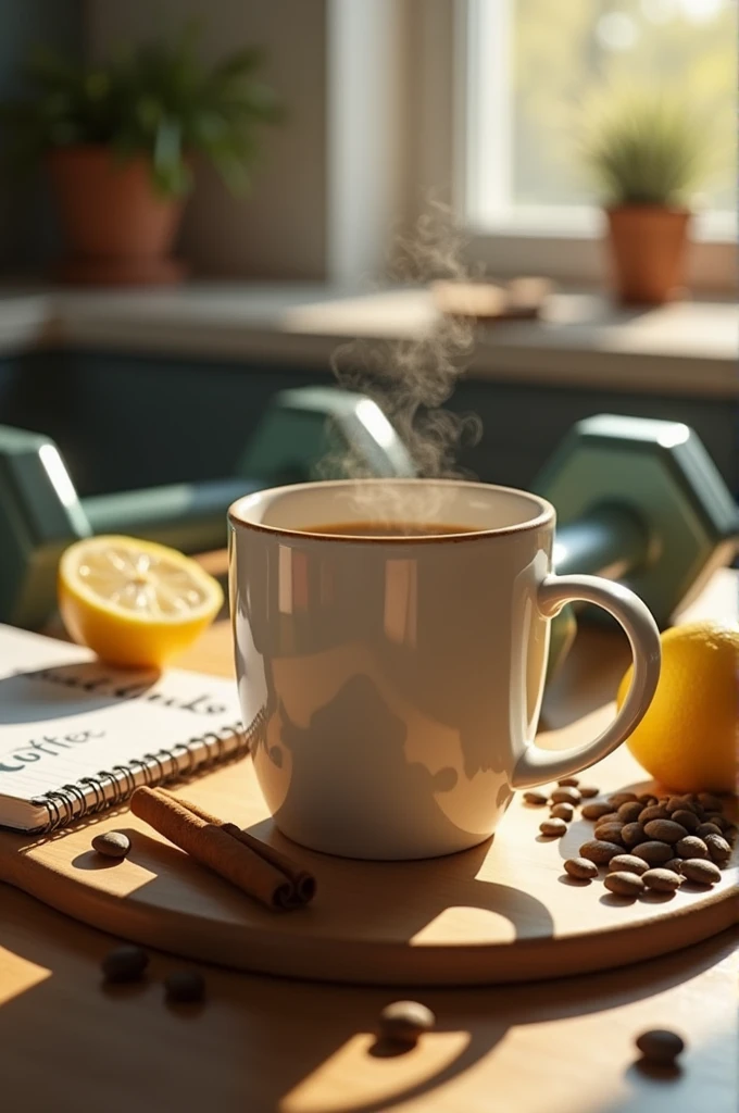 

"A steaming cup of weight loss coffee sitting on a kitchen counter, surrounded by natural ingredients like green coffee beans, cinnamon sticks, and a sliced lemon. The coffee is in a stylish, modern mug with subtle steam rising from it. In the background, a healthy lifestyle setting is depicted with a notebook titled 'Fitness Goals' and a pair of dumbbells. The lighting is warm and inviting, suggesting an early morning start to a healthy day."
