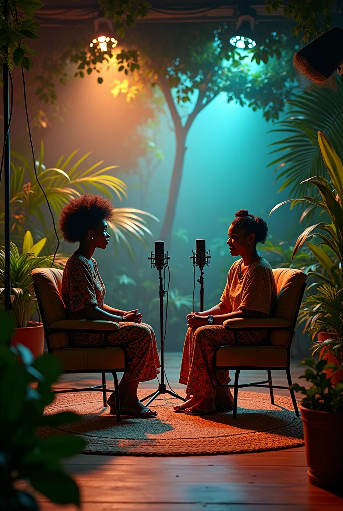 A flow with two chairs two mics different lights African people with many rubshes
