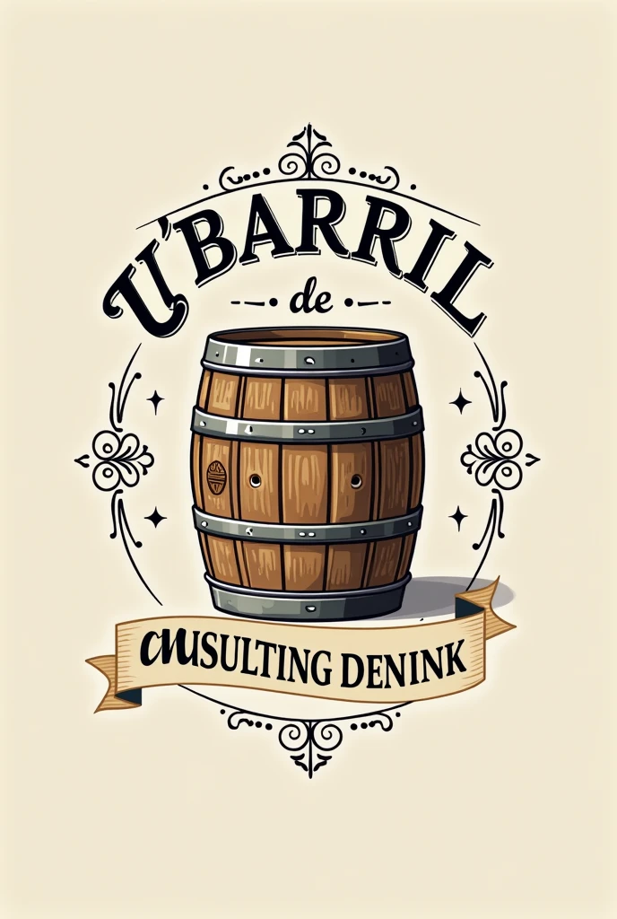 create a brand logo whose name is " U'Barril de Drinks", a brazilian luxury events company ,northeastern high cocktail , that provides consultancy for bars and restaurants , workshops and courses in the cocktail making area and aims to add northeastern identity to its services. using the image of a barrel as a symbol of refinement and luxury. add the image to the phrase Consulting and events.