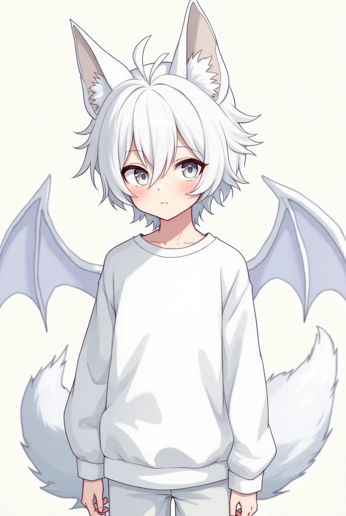 Create a boy with a white sweatshirt, white eyes, white wolf tail, white bat wings, short hair with bangs, white wolf ears, anime version only