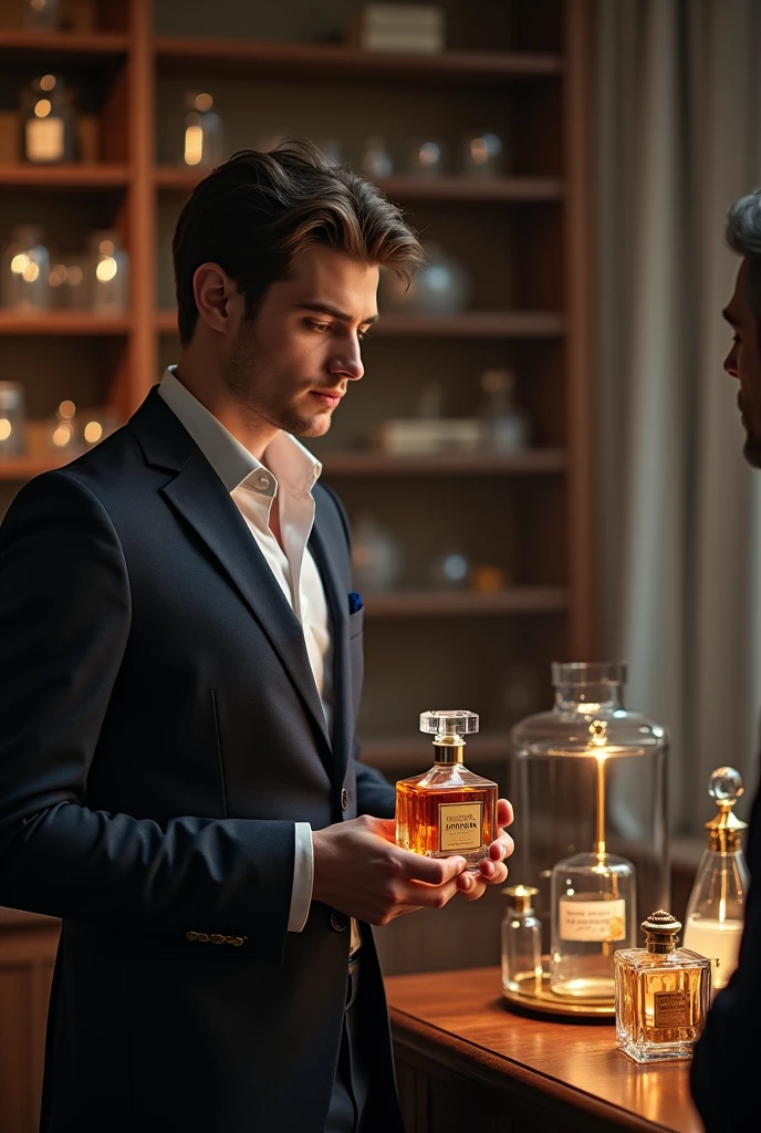 The young man tells the master perfumer that his perfume is ready.