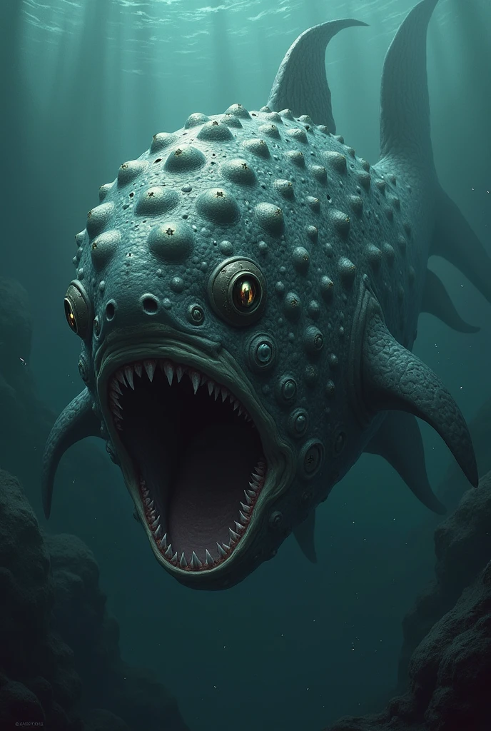 a peculiar fish whose size rivaled that of a shark, its grayish-black body devoid of scales, replaced instead by numerous, pulsing meatballs. These strange orbs shimmered with an interconnected, faint starlight, forming cryptic symbols. It sported a pair of eyes on each side of its head, and its gaping maw was as sharp as a flagpole.