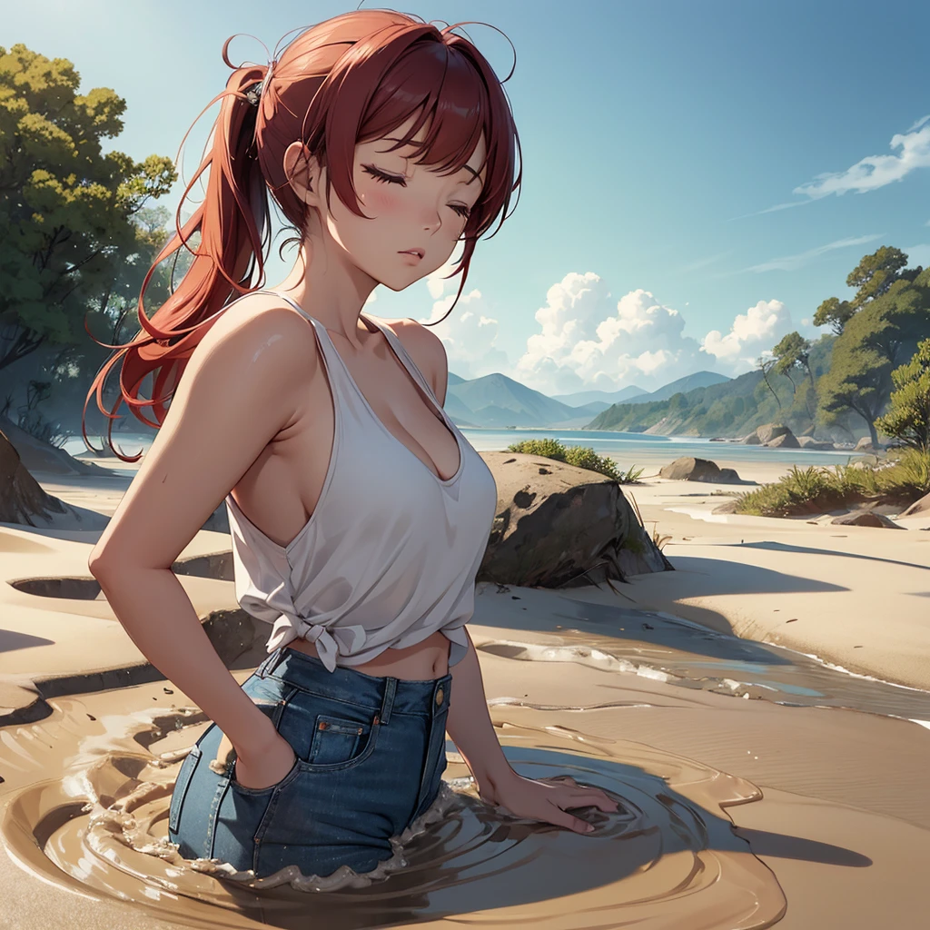 1girl, solo:1.5, masterpiece, best quality, high res, highly detailed, (illustration), beautiful detailed eyes, yuigahama yui, red hair ponytail, glossy lips, light makeup, orgasm, (looking up to the sky:1.5), intimate moment, white tank top, denim jean bottoms, cleavage, (quicksand:1.4), (from side:1.4), bog, swampy, grassy, (eyes closed:1.3), gasping