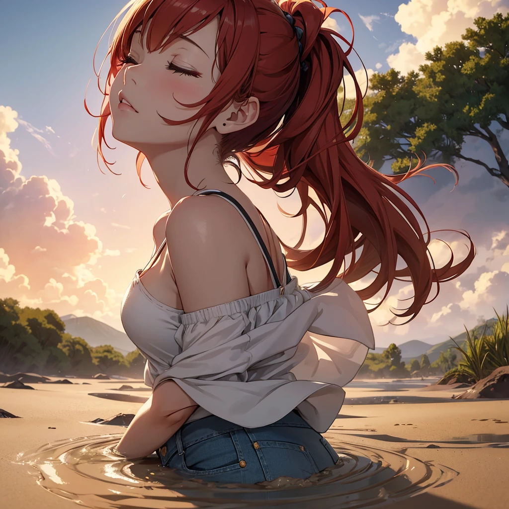 1girl, solo:1.5, masterpiece, best quality, high res, highly detailed, (illustration), beautiful detailed eyes, yuigahama yui, red hair ponytail, glossy lips, light makeup, orgasm, (looking up to the sky:1.5), intimate moment, white tank top, denim jean bottoms, cleavage, (quicksand:1.4), (from side:1.4), bog, swampy, grassy, (eyes closed:1.3), gasping