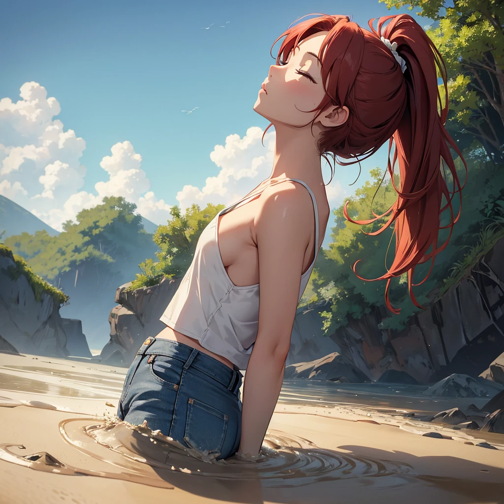 1girl, solo:1.5, masterpiece, best quality, high res, highly detailed, (illustration), beautiful detailed eyes, yuigahama yui, red hair ponytail, glossy lips, light makeup, orgasm, (looking up to the sky:1.5), intimate moment, white tank top, denim jean bottoms, cleavage, (quicksand:1.4), (from side:1.4), bog, swampy, grassy, (eyes closed:1.3), gasping