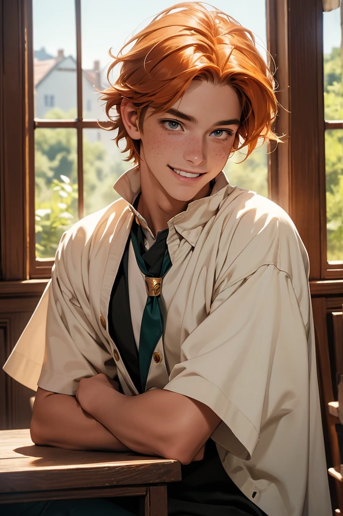 a young man with medium-length orange hair, wearing a school costume, looking like a wizard, freckled, with hazel eyes and a cheerful expression, smiling, in a medieval-style classroom, in a magic school, MAGIC, magic circle, natural light, detailed face, beautiful eyes, delicate features, soft colors, serene atmosphere, high quality, detailed, photorealistic, photo-realistic:1. 37, 4k, ultra-detailed, extremely detailed, hyperrealistic, highly detailed, masterpiece:1.2, vibrant colors, natural lighting, cinematic, dramatic, fantastic, magical, surreal.