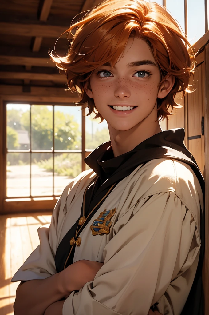 a young man with medium-length orange hair, wearing a school costume, looking like a wizard, freckled, with hazel eyes and a cheerful expression, smiling, in a medieval-style classroom, in a magic school, MAGIC, magic circle, natural light, detailed face, beautiful eyes, delicate features, soft colors, serene atmosphere, high quality, detailed, photorealistic, photo-realistic:1. 37, 4k, ultra-detailed, extremely detailed, hyperrealistic, highly detailed, masterpiece:1.2, vibrant colors, natural lighting, cinematic, dramatic, fantastic, magical, surreal.