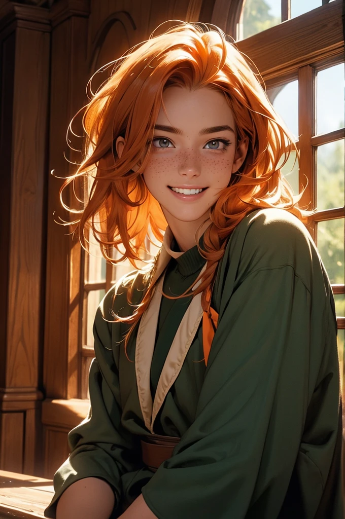 a young man with medium-length orange hair, wearing a school costume, looking like a wizard, freckled, with hazel eyes and a cheerful expression, smiling, in a medieval-style classroom, in a magic school, MAGIC, magic circle, natural light, detailed face, beautiful eyes, delicate features, soft colors, serene atmosphere, high quality, detailed, photorealistic, photo-realistic:1. 37, 4k, ultra-detailed, extremely detailed, hyperrealistic, highly detailed, masterpiece:1.2, vibrant colors, natural lighting, cinematic, dramatic, fantastic, magical, surreal.